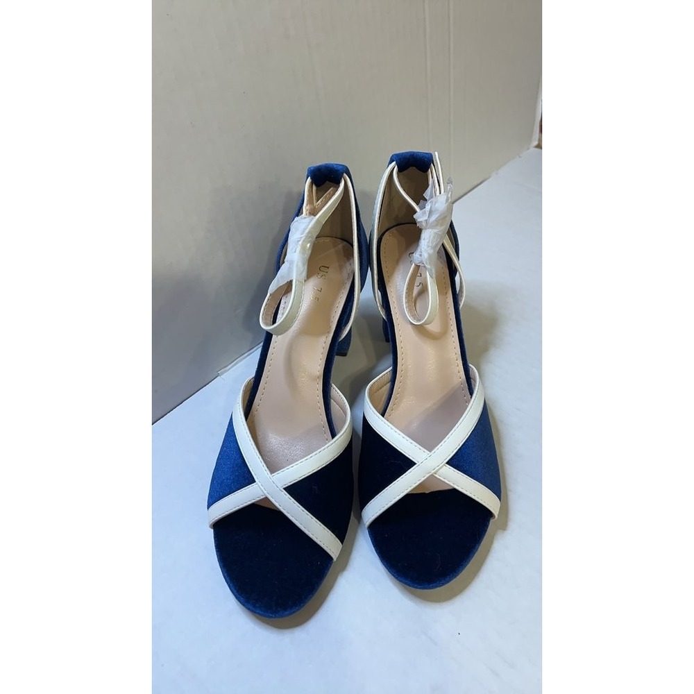 Blue Velvet High Heel Sandals with White Straps